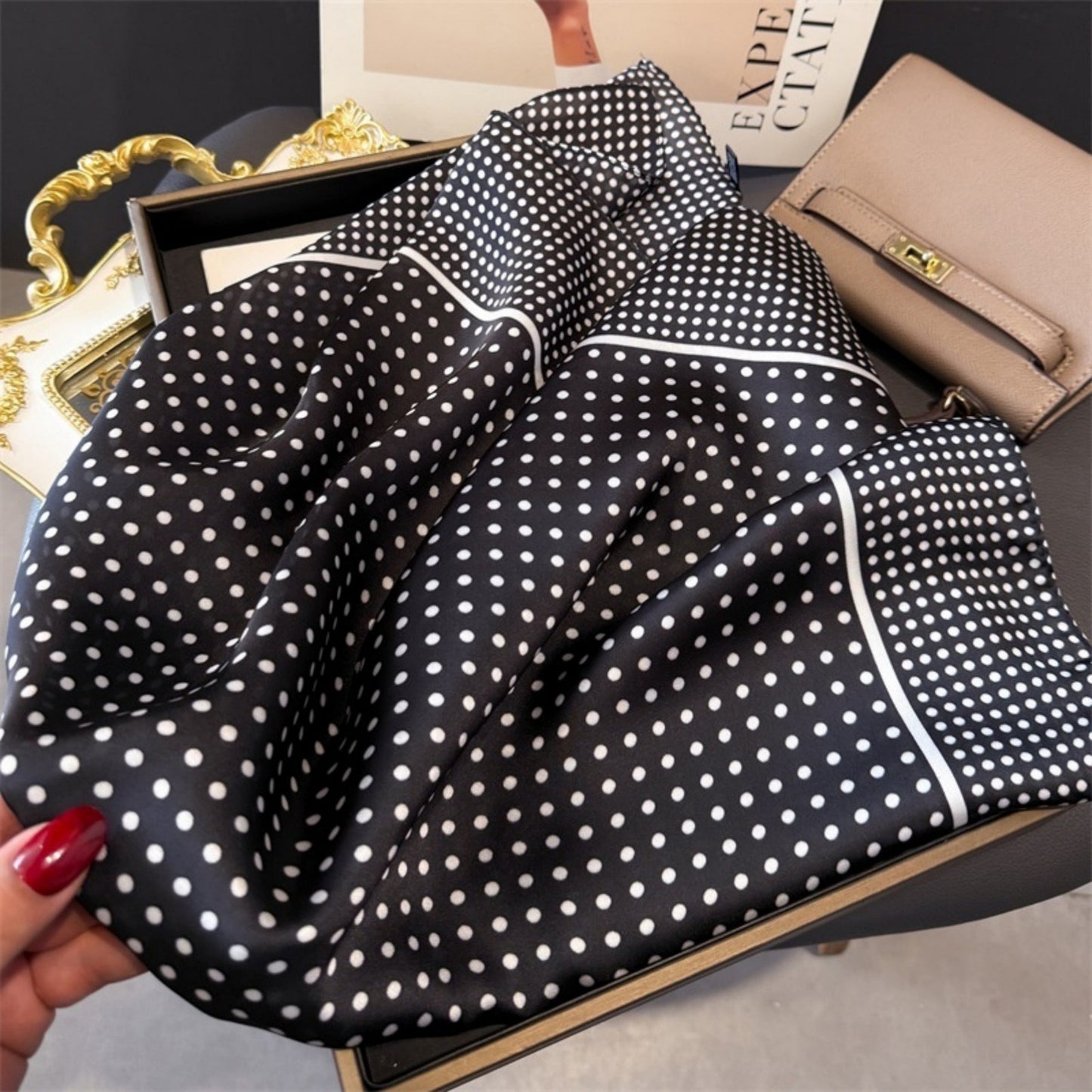 Polka Dot Satin Square Scarf with Framed Border Detail and Smooth Lightweight Finish 27.5x27.5in