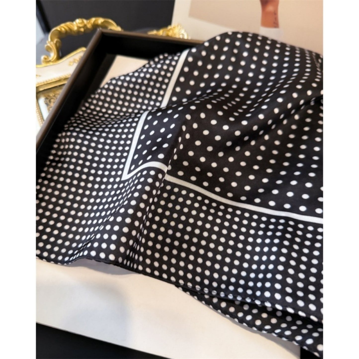 Polka Dot Satin Square Scarf with Framed Border Detail and Smooth Lightweight Finish 27.5x27.5in