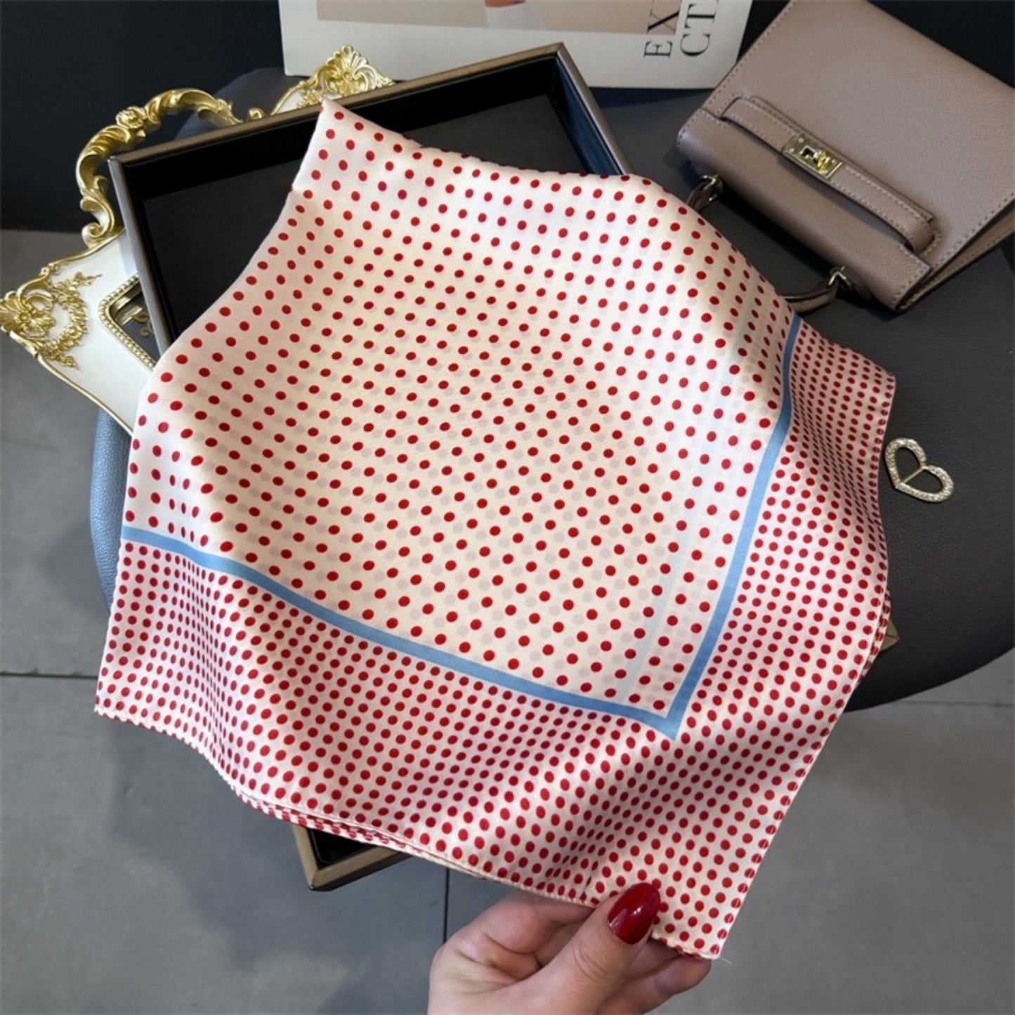 Polka Dot Satin Square Scarf with Framed Border Detail and Smooth Lightweight Finish 27.5x27.5in