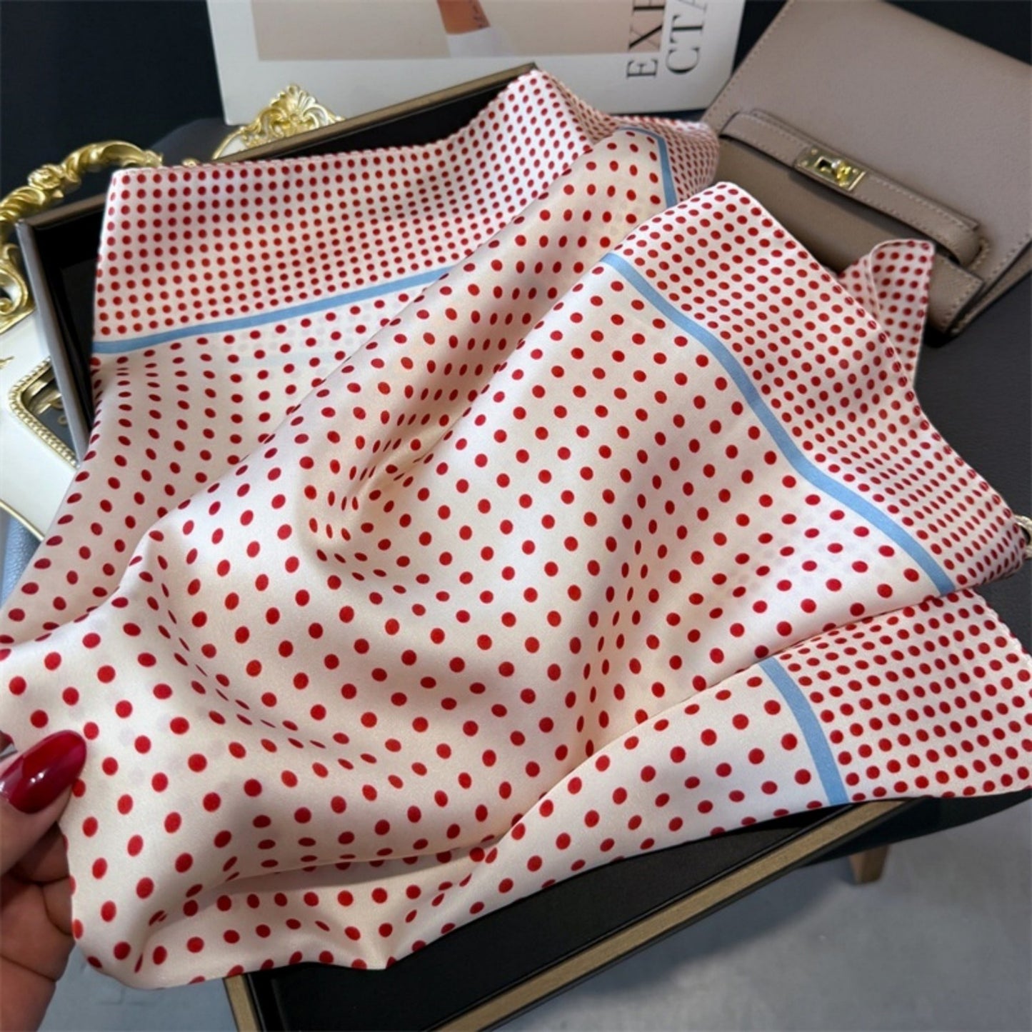 Polka Dot Satin Square Scarf with Framed Border Detail and Smooth Lightweight Finish 27.5x27.5in