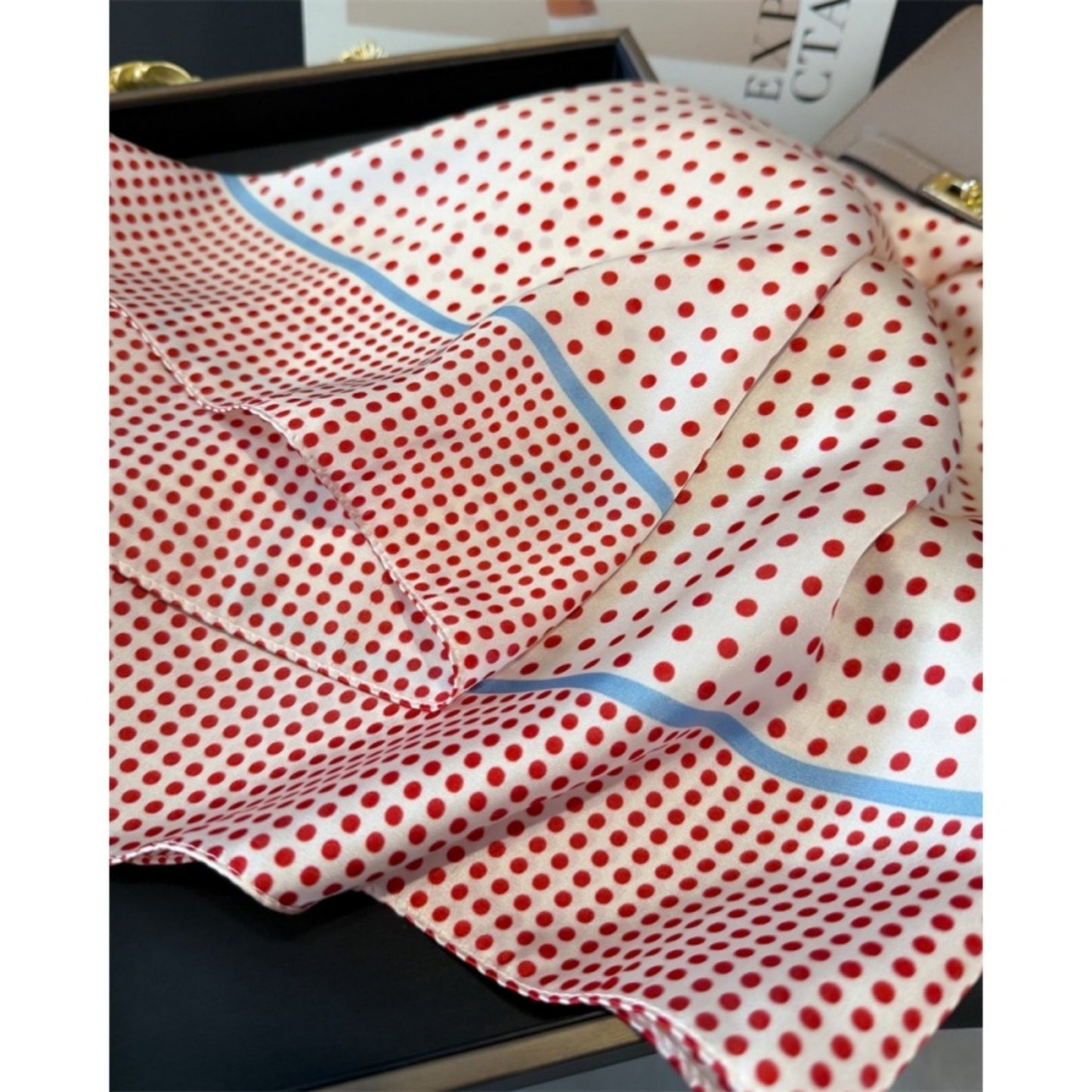 Polka Dot Satin Square Scarf with Framed Border Detail and Smooth Lightweight Finish 27.5x27.5in