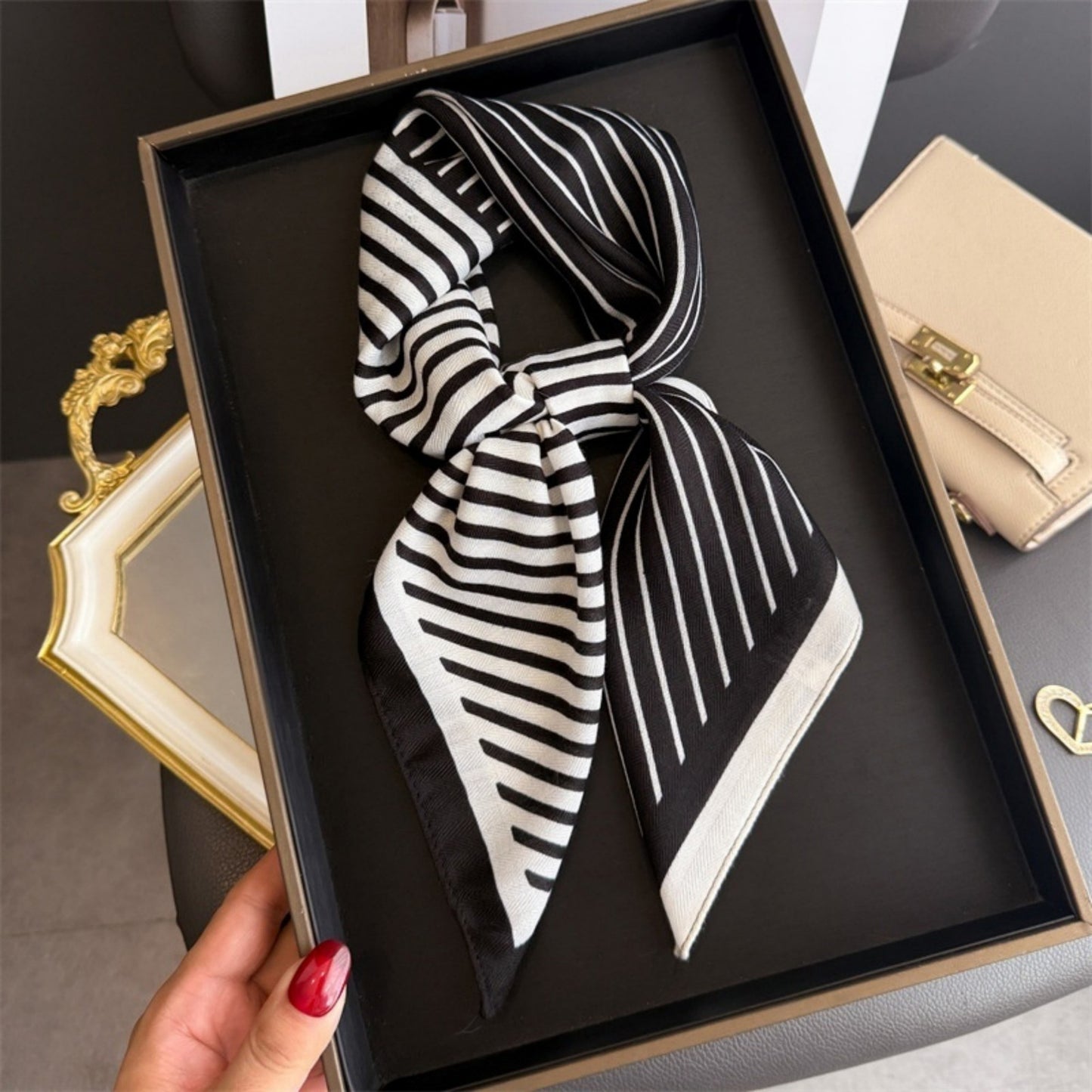 Striped Satin Square Scarf with Two-Panel Design and Smooth Lightweight Finish 26.7x26.7in
