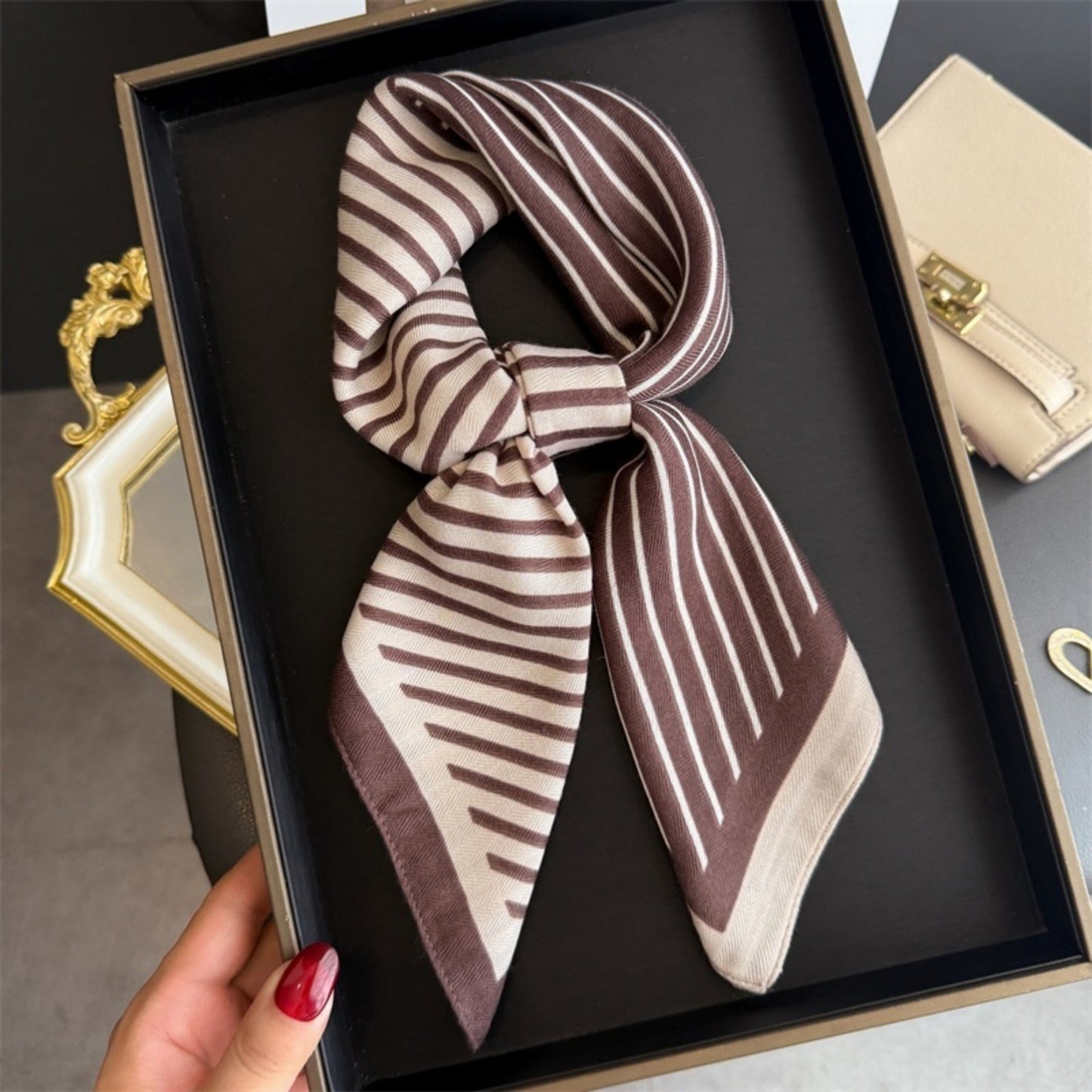 Striped Satin Square Scarf with Two-Panel Design and Smooth Lightweight Finish 26.7x26.7in