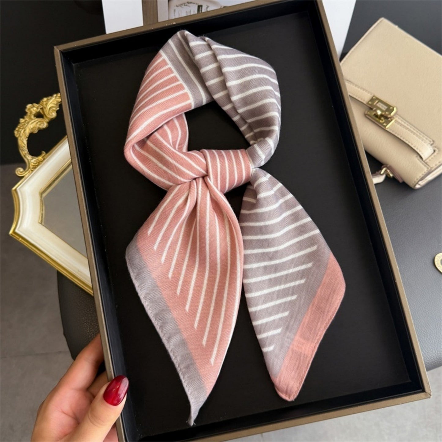 Striped Satin Square Scarf with Two-Panel Design and Smooth Lightweight Finish 26.7x26.7in