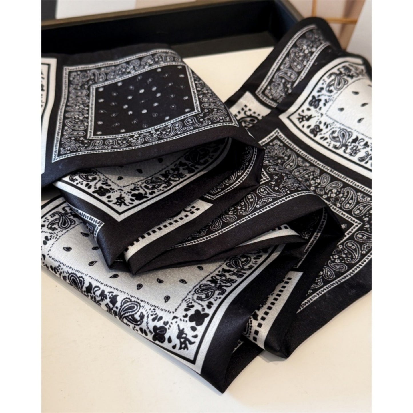 Paisley Print Satin Long Scarf with Patchwork Panel Design and Smooth Finish 57x4.7in