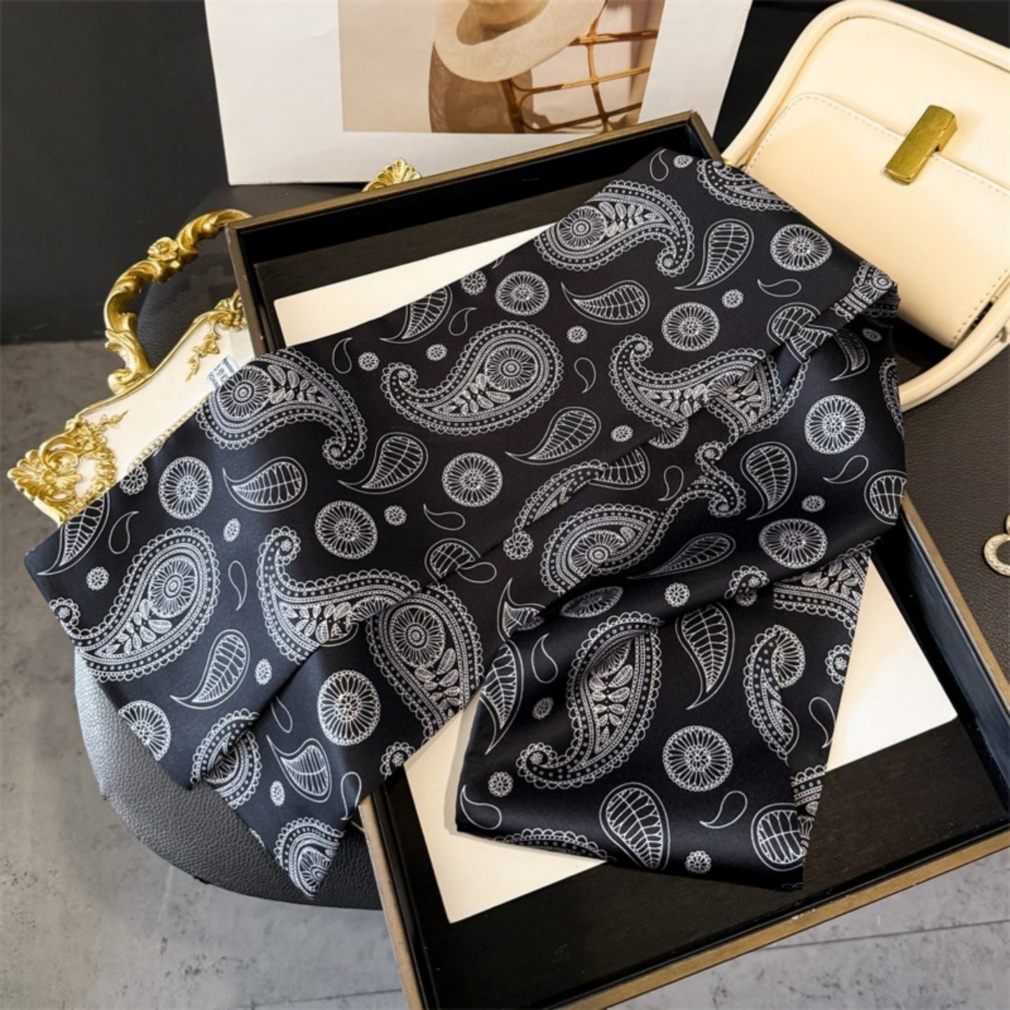 Paisley Print Satin Long Scarf with Smooth Finish and Narrow Profile Design 57x4.7in