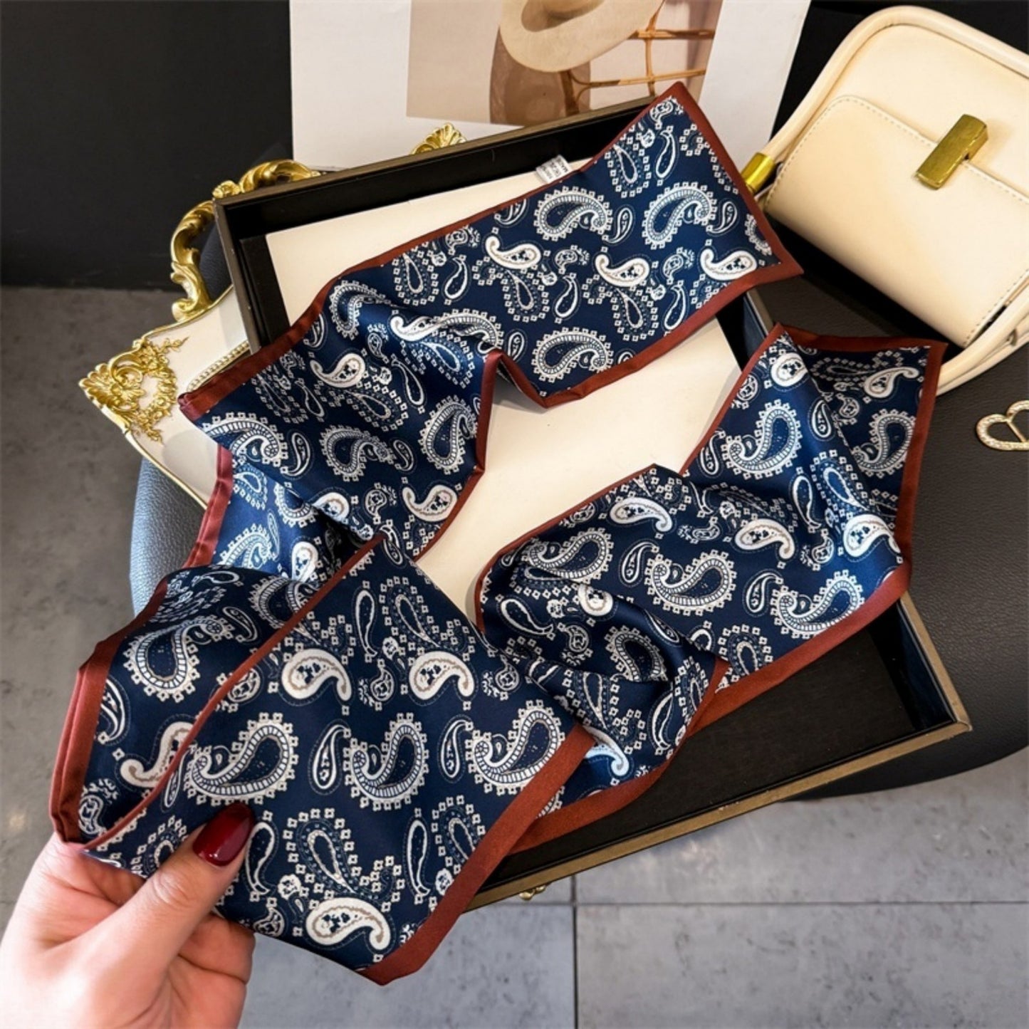 Paisley Print Satin Long Scarf with Smooth Finish and Narrow Profile Design 57x4.7in
