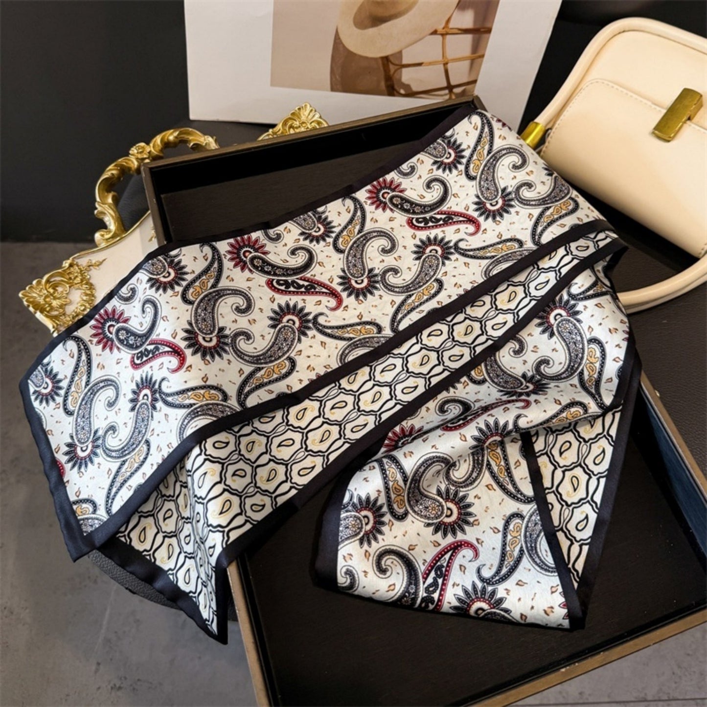 Paisley Print Satin Long Scarf with Smooth Finish and Narrow Profile Design 57x4.7in