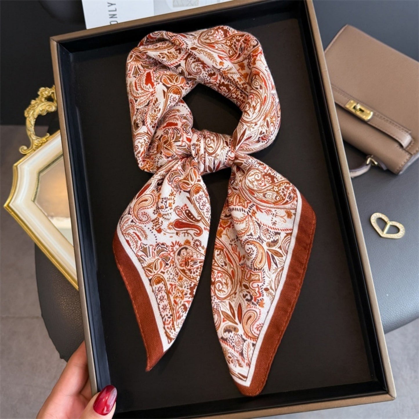 Paisley Print Satin Square Scarf with Smooth Finish and Neatly Rolled Edges 26.7x26.7in