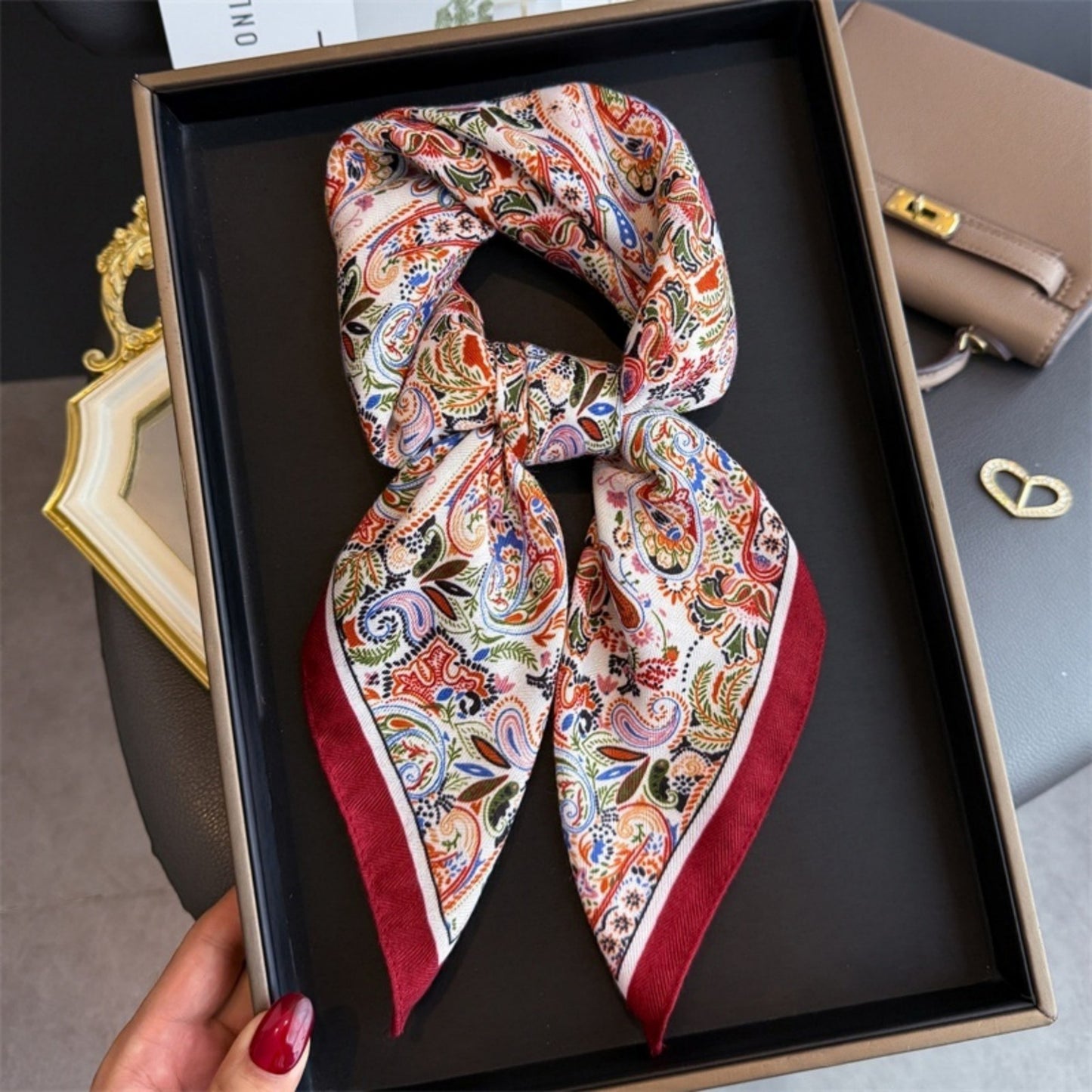 Paisley Print Satin Square Scarf with Smooth Finish and Neatly Rolled Edges 26.7x26.7in