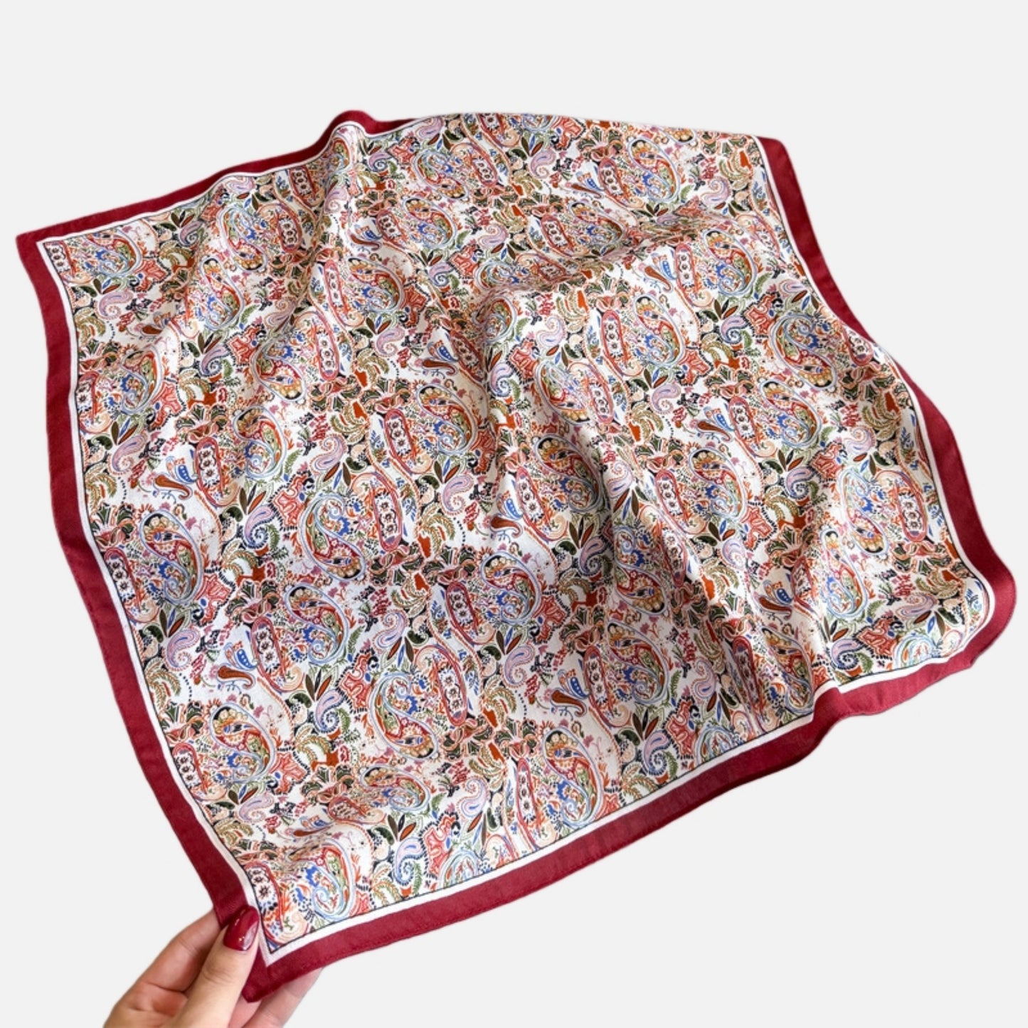 Paisley Print Satin Square Scarf with Smooth Finish and Neatly Rolled Edges 26.7x26.7in