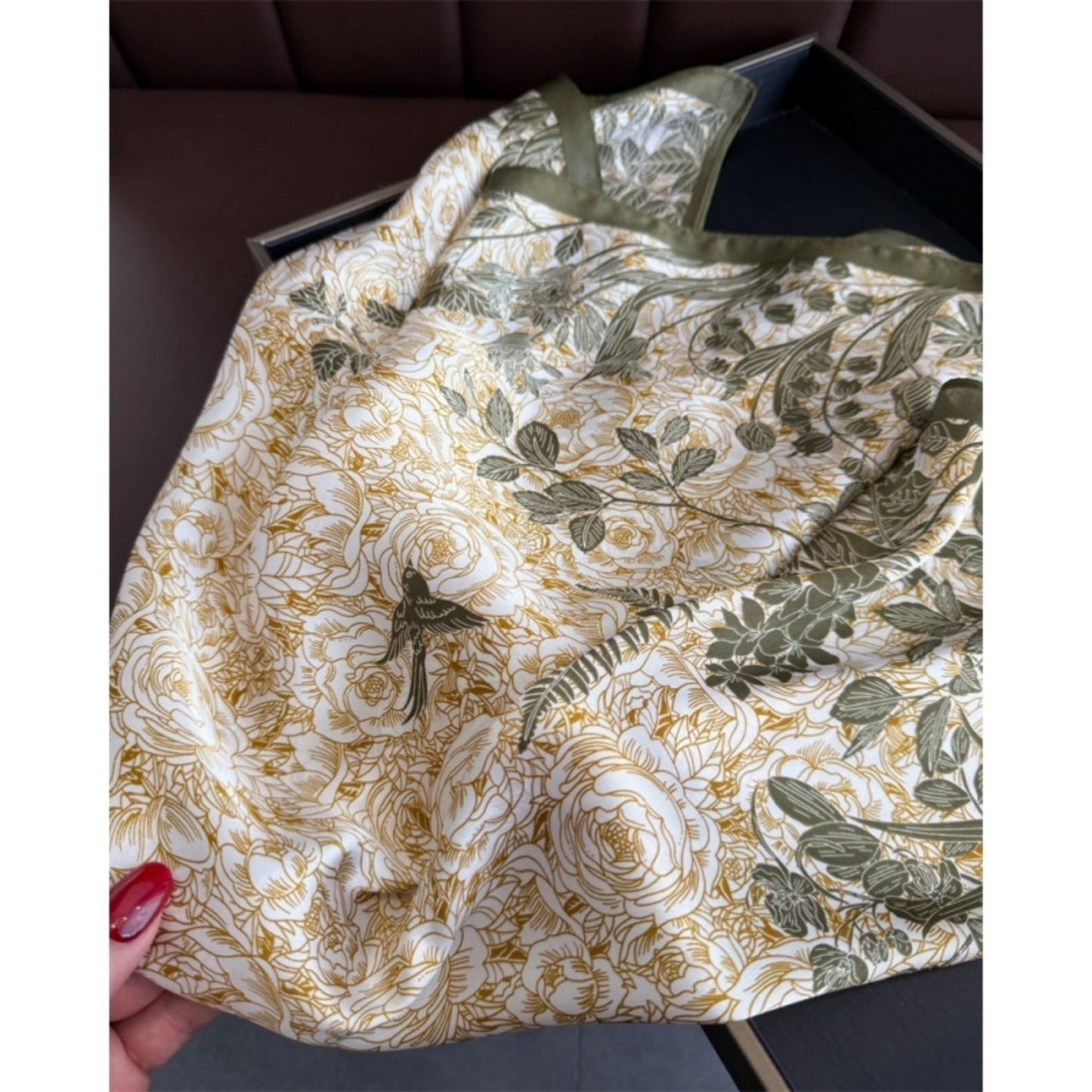 Floral Botanical Print Lightweight Satin Scarf with Rolled Edge Finish 26.7x26.7in