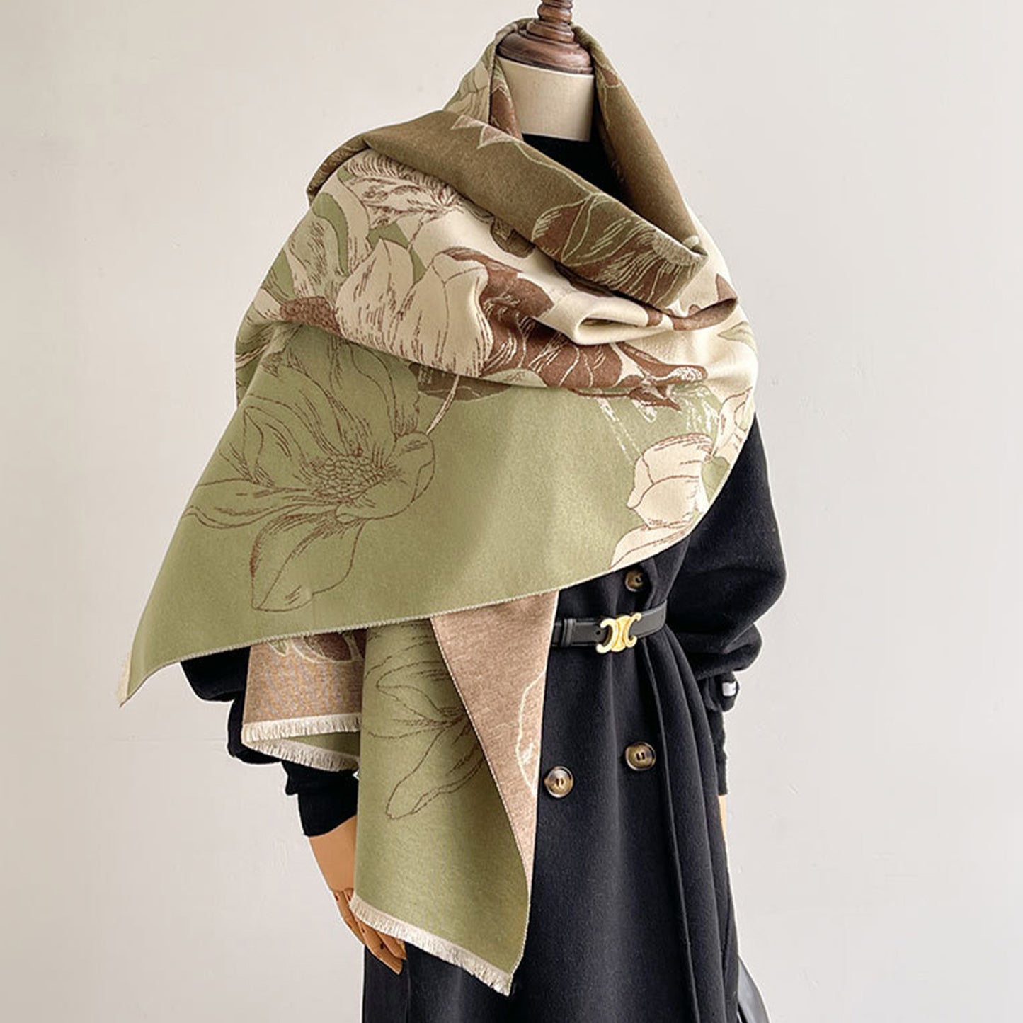Womens Reversible Jacquard Knit Warm Scarf with Floral Pattern
