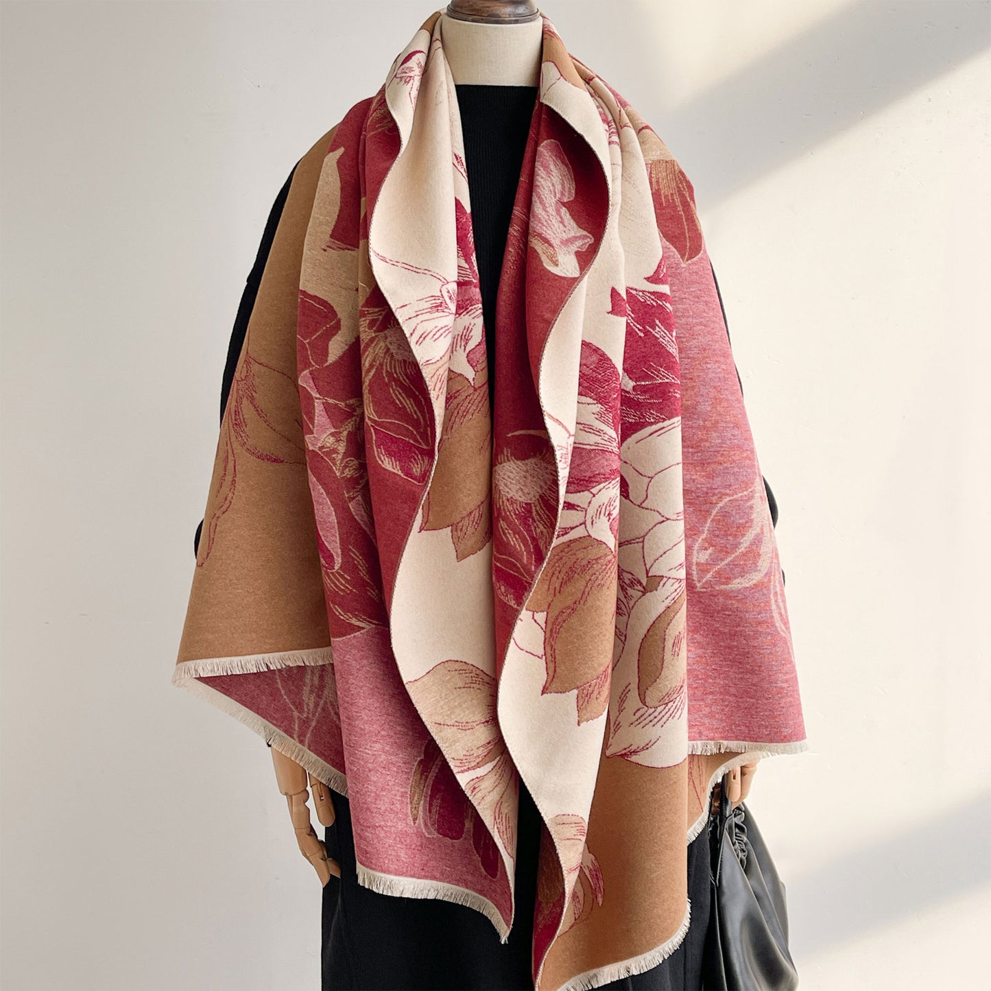 Womens Reversible Jacquard Knit Warm Scarf with Floral Pattern