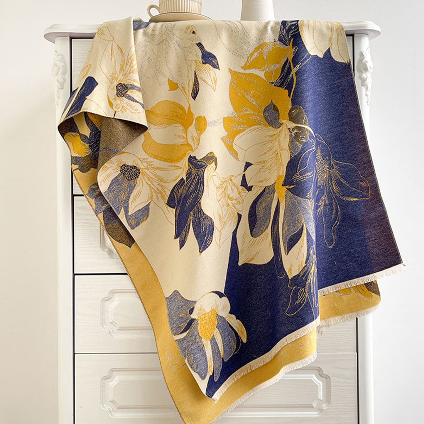 Womens Reversible Jacquard Knit Warm Scarf with Floral Pattern