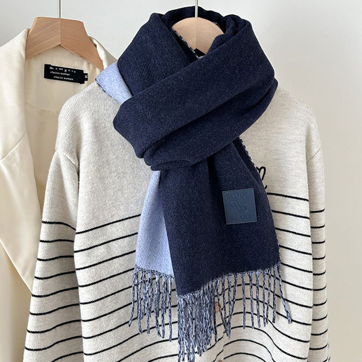 Womens Reversible Two Tone Warm Scarf with Fringe Trim