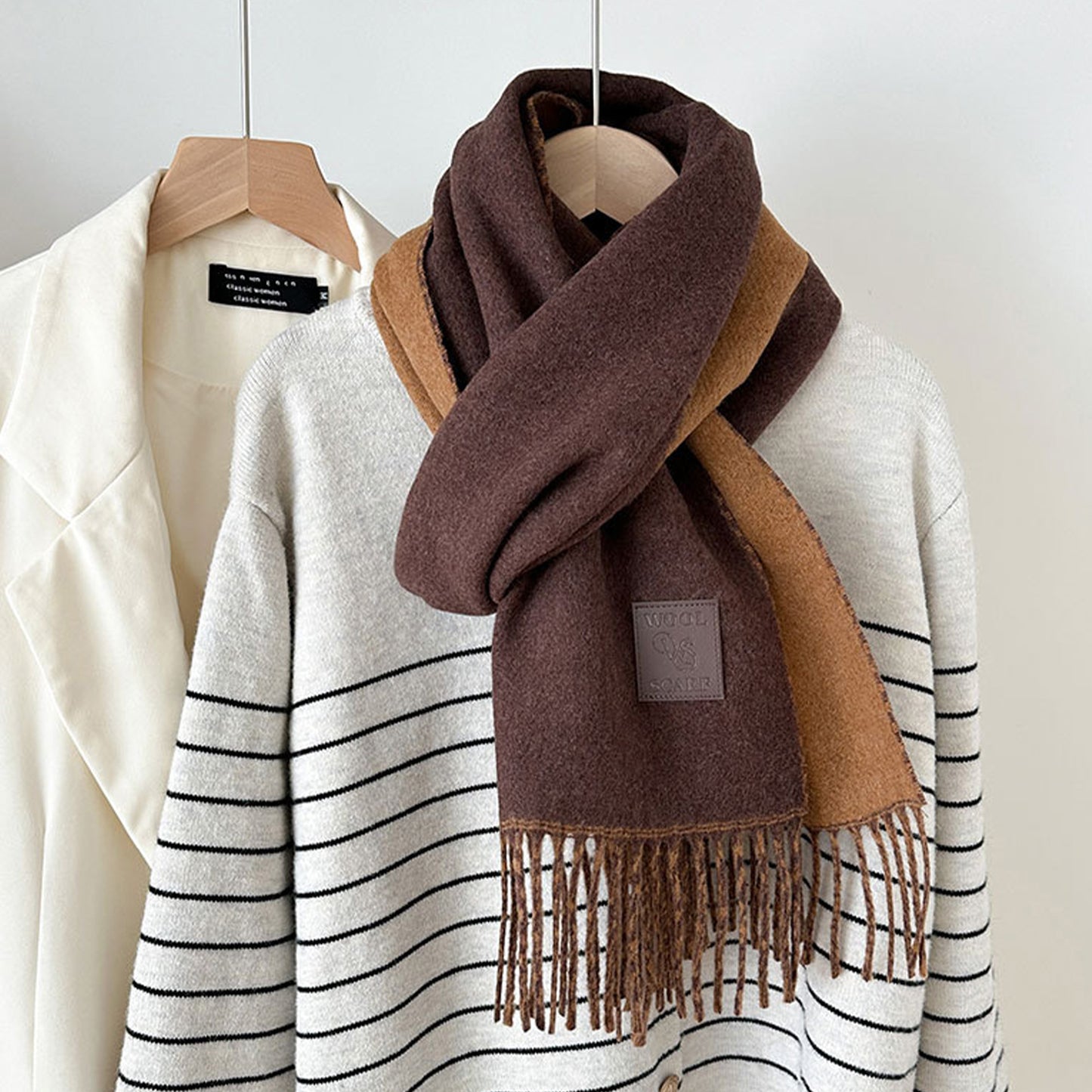 Womens Reversible Two Tone Warm Scarf with Fringe Trim