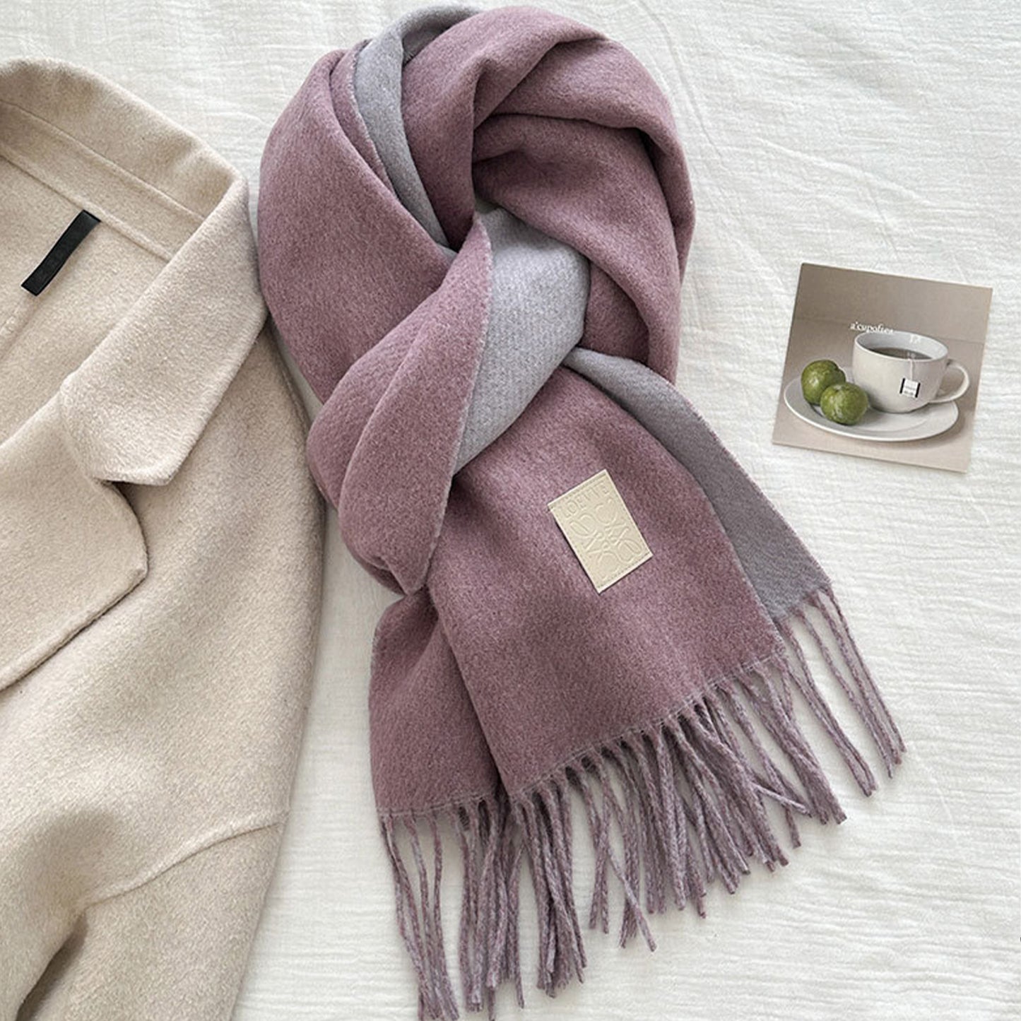 Womens Reversible Two Tone Warm Scarf with Fringe Trim