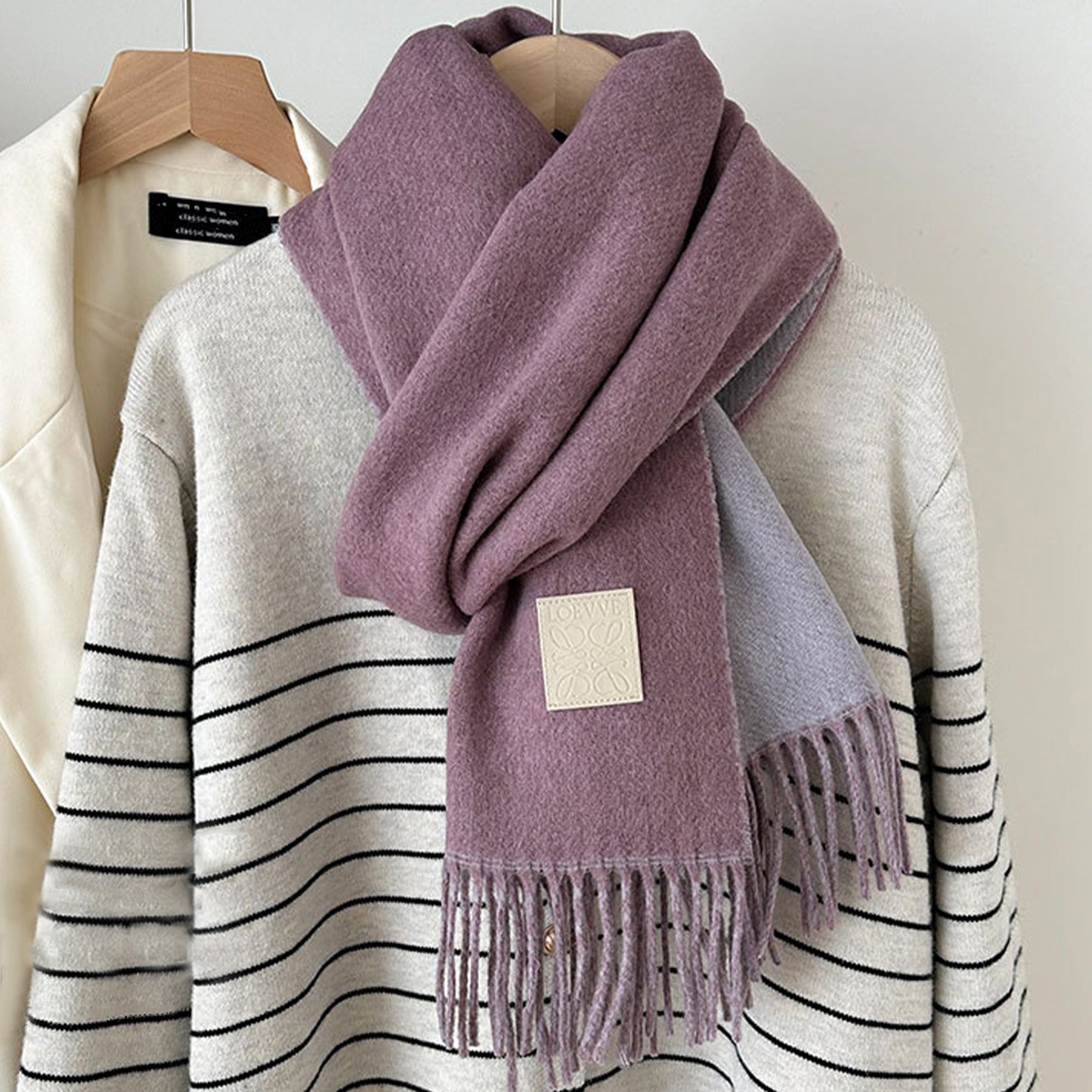Womens Reversible Two Tone Warm Scarf with Fringe Trim