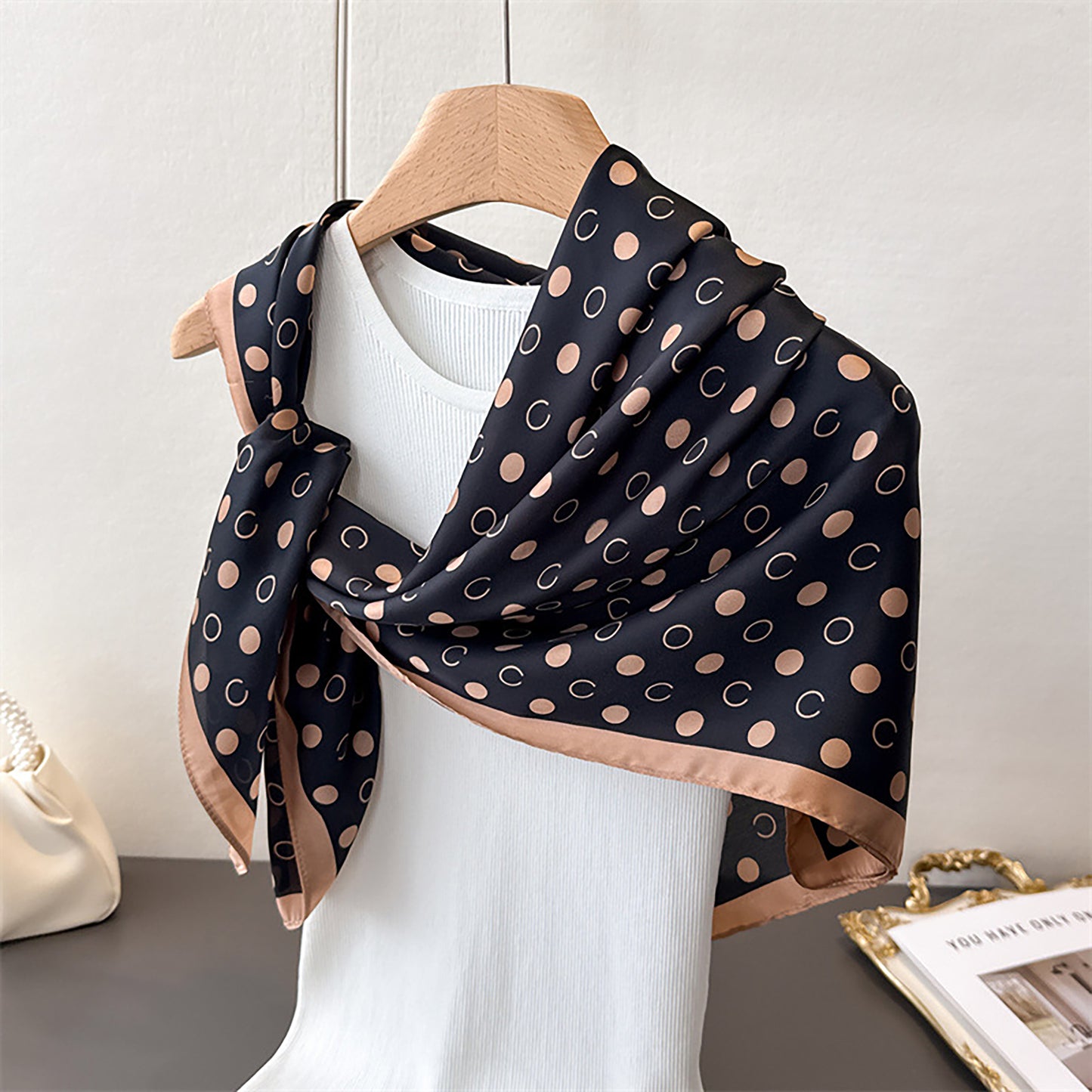 Satin Polka Dot Square Scarf with Contrast Border 35.4¡Á35.4inches