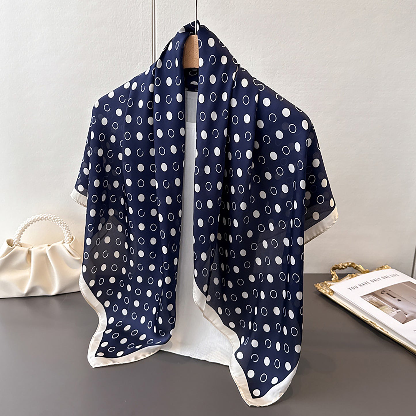 Satin Polka Dot Square Scarf with Contrast Border 35.4¡Á35.4inches