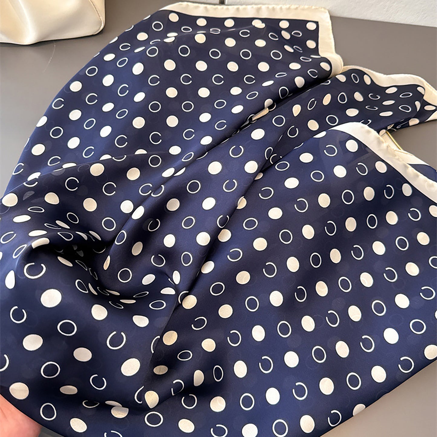 Satin Polka Dot Square Scarf with Contrast Border 35.4¡Á35.4inches