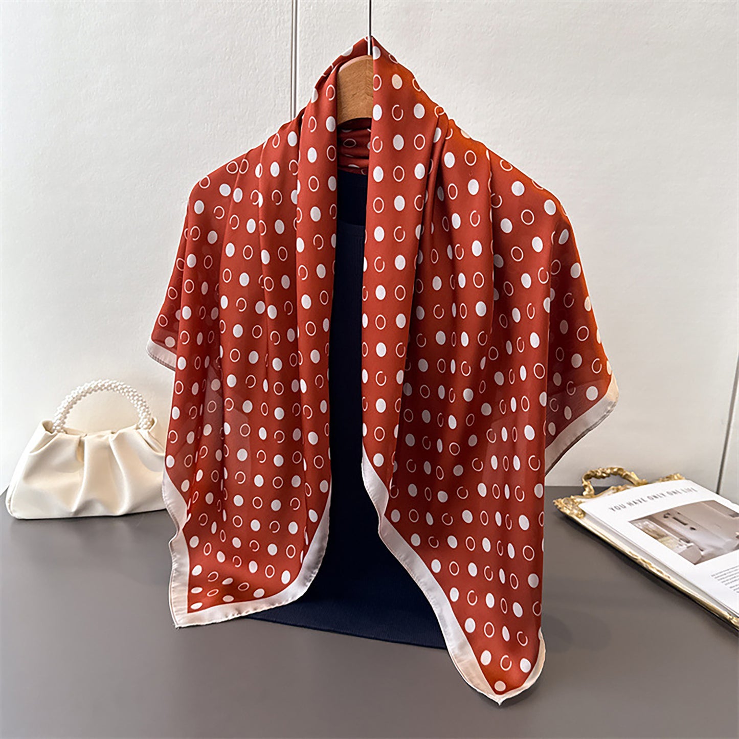Satin Polka Dot Square Scarf with Contrast Border 35.4¡Á35.4inches