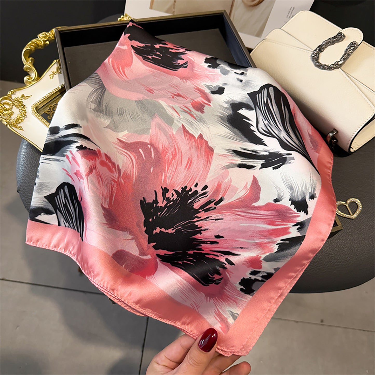Womens Square Scarf with Abstract Floral Print 27.5¡Á27.5inches
