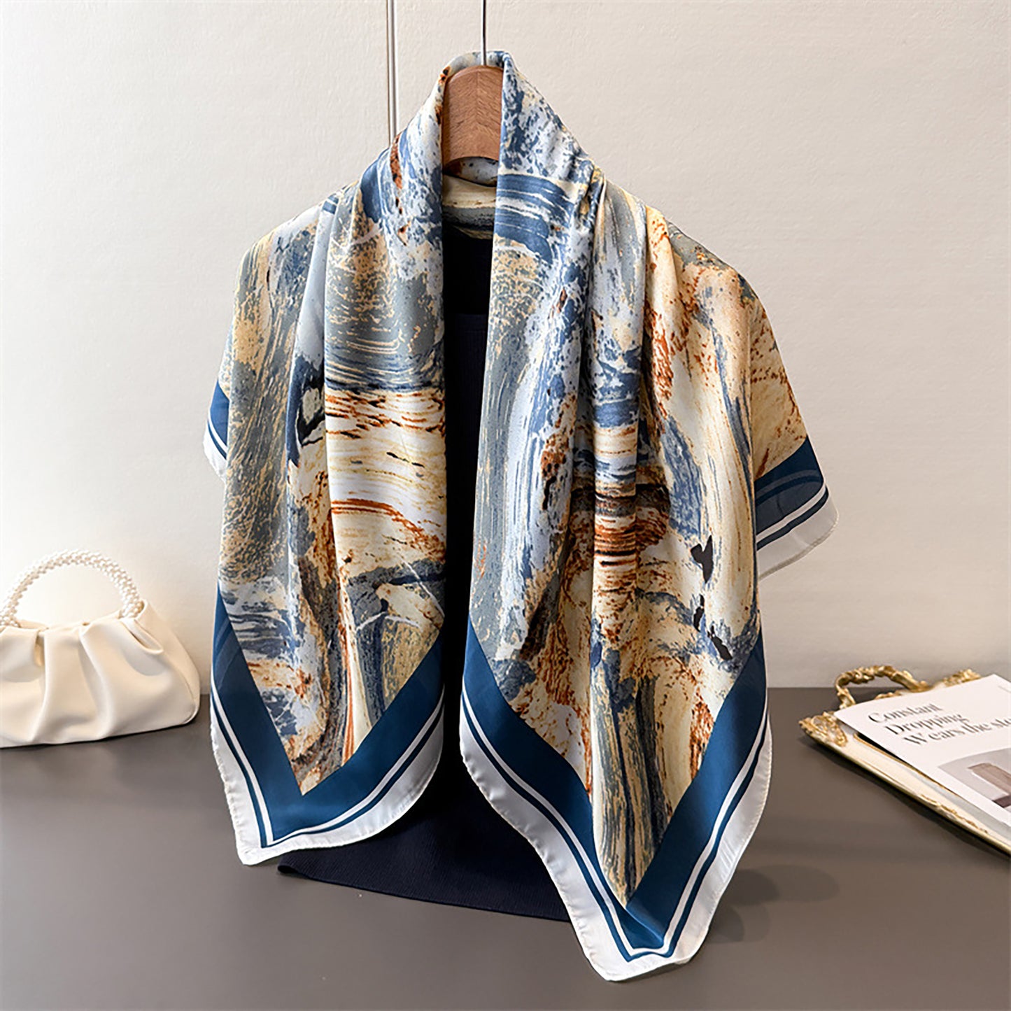 Womens Satin Square Scarf with Abstract Marble Print 35.4¡Á35.4inches