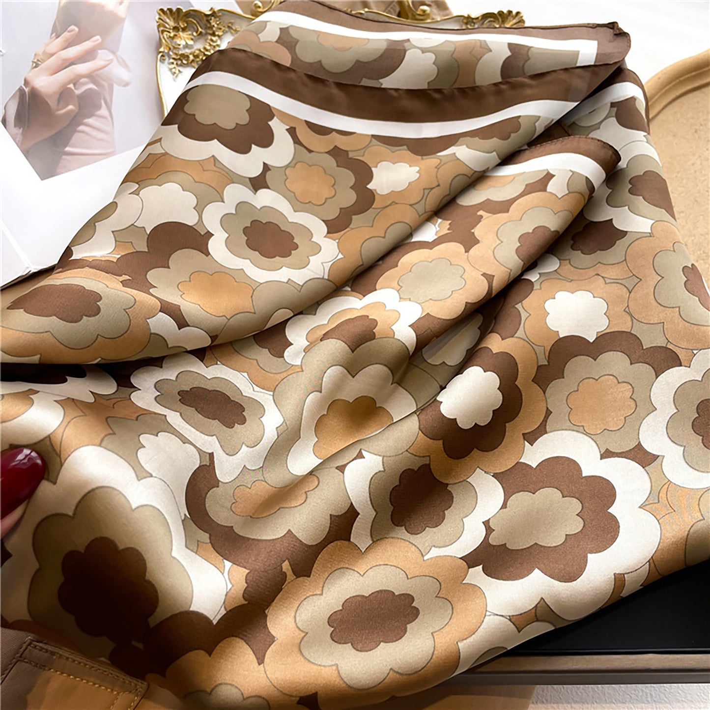 Womens Satin Square Scarf Floral Pattern Neck Bag Accessory 27.5¡Á27.5inches