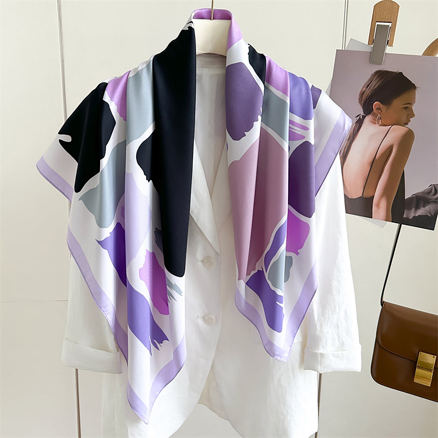 Womens Satin Square Scarf Abstract Color Block Print 35.4¡Á35.4inches