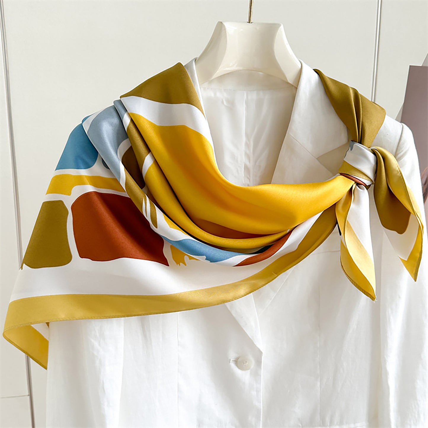Womens Satin Square Scarf Abstract Color Block Print 35.4¡Á35.4inches
