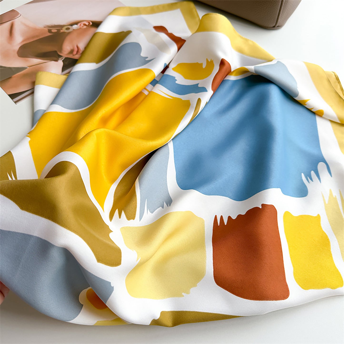 Womens Satin Square Scarf Abstract Color Block Print 35.4¡Á35.4inches