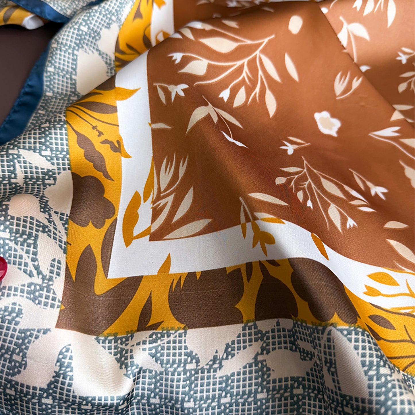 Satin Square Scarf with Botanical Print Soft Accessory 27.5¡Á27.5inches