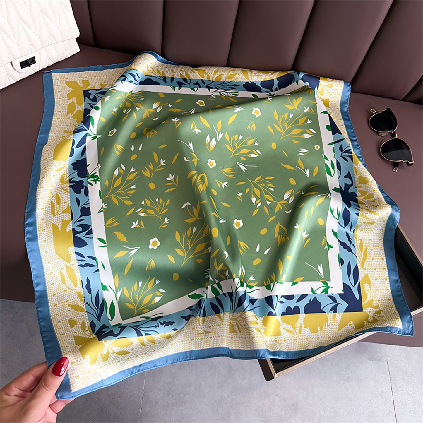 Satin Square Scarf with Botanical Print Soft Accessory 27.5¡Á27.5inches