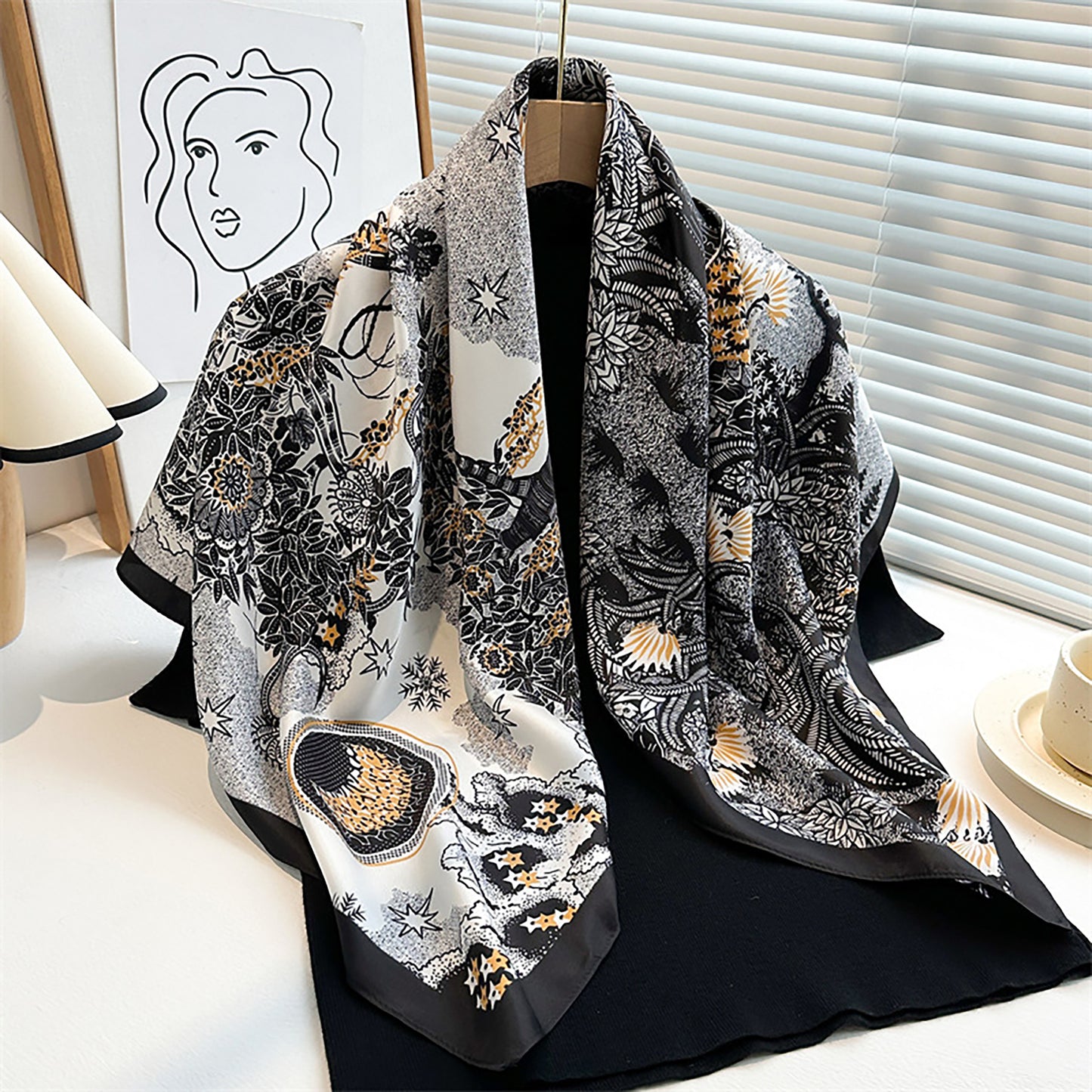 Womens Satin Square Scarf with Vintage Floral Print 35.4¡Á35.4inches