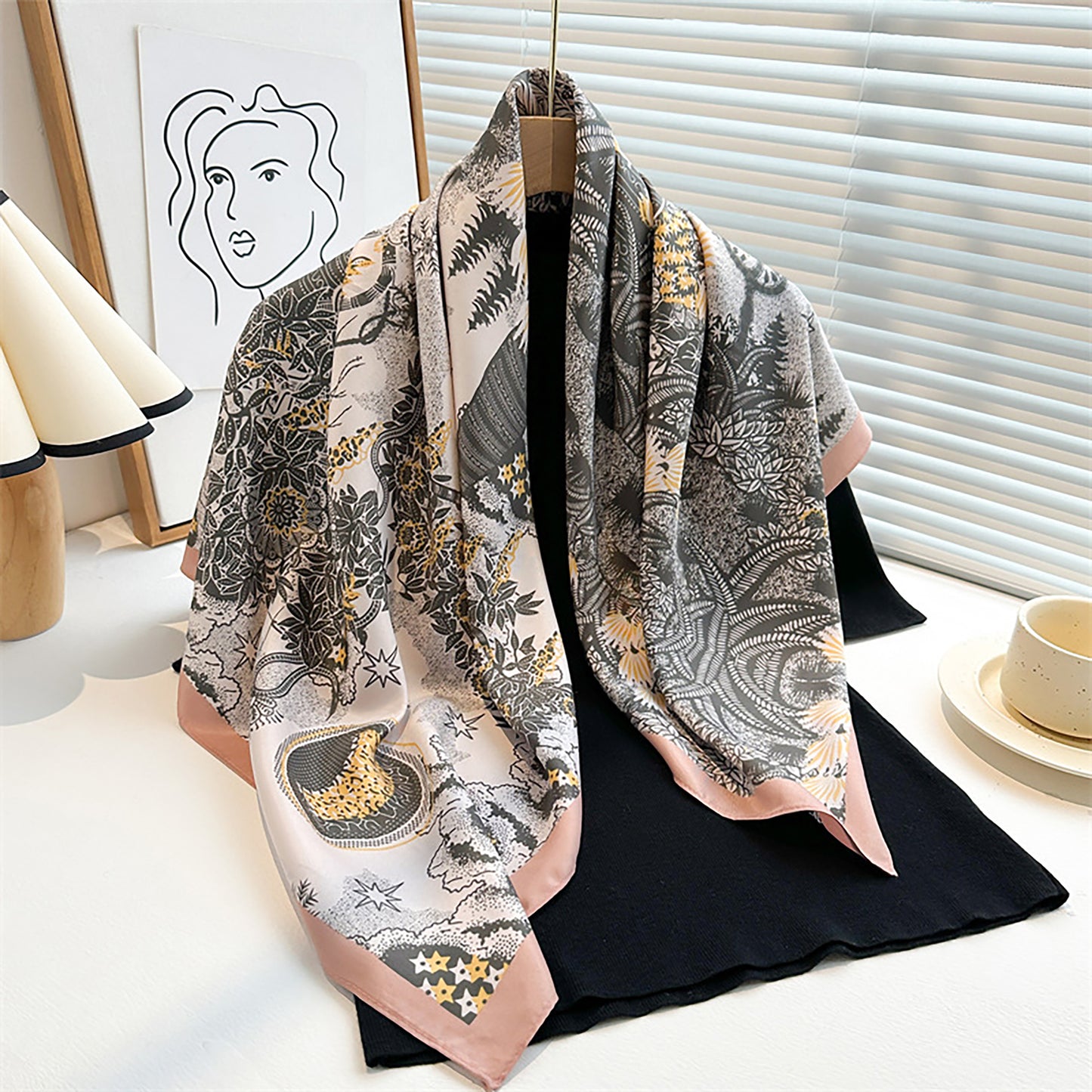 Womens Satin Square Scarf with Vintage Floral Print 35.4¡Á35.4inches