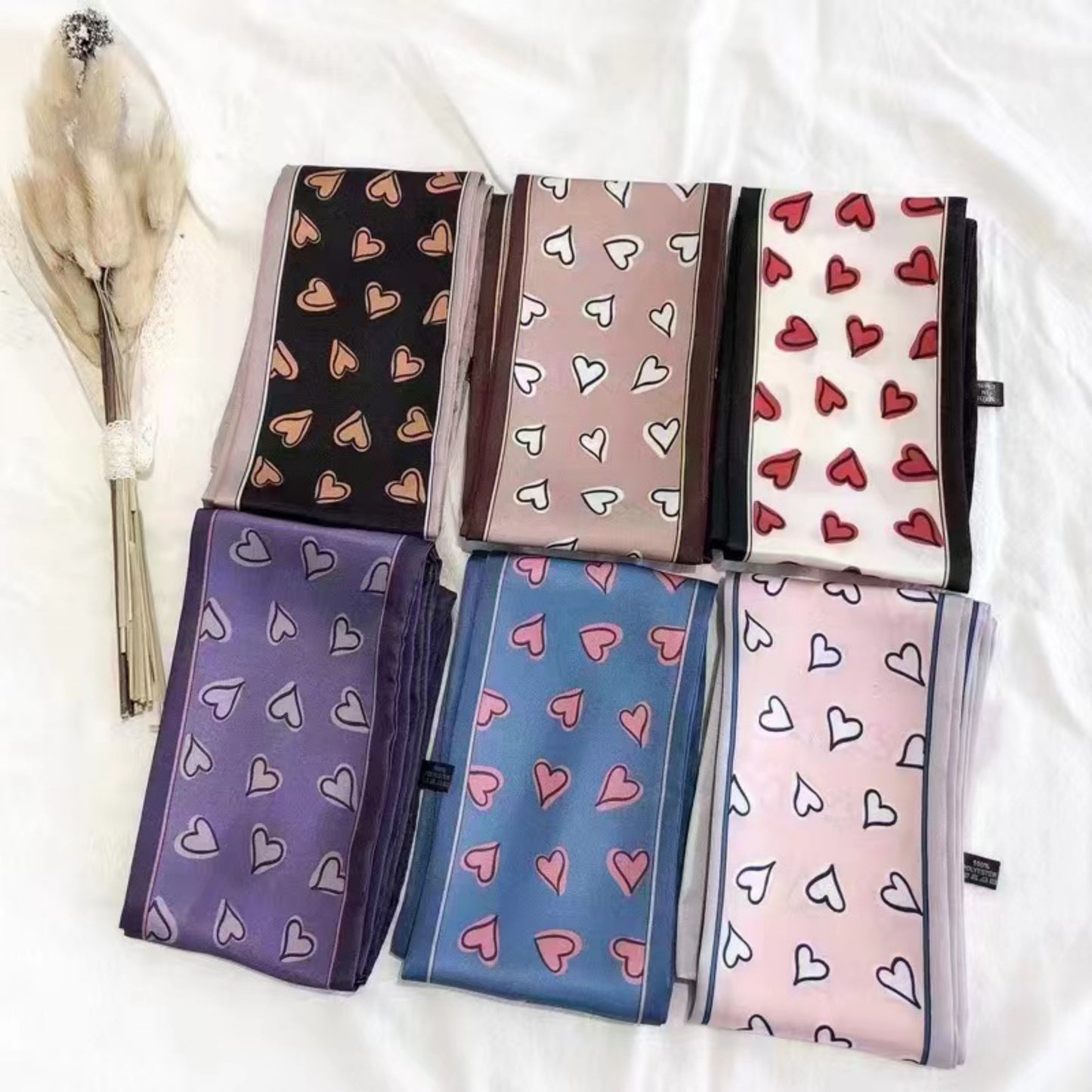5 Pack Heart Print Satin Scarf Ribbon Slim Lightweight Fabric Neck Hair Bag Accessory 35.5x2.5in