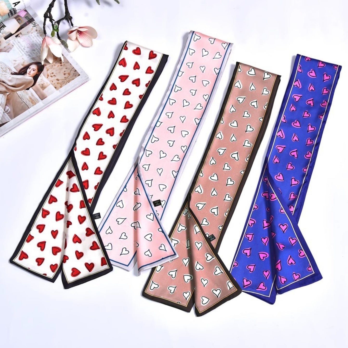 5 Pack Heart Print Satin Scarf Ribbon Slim Lightweight Fabric Neck Hair Bag Accessory 35.5x2.5in