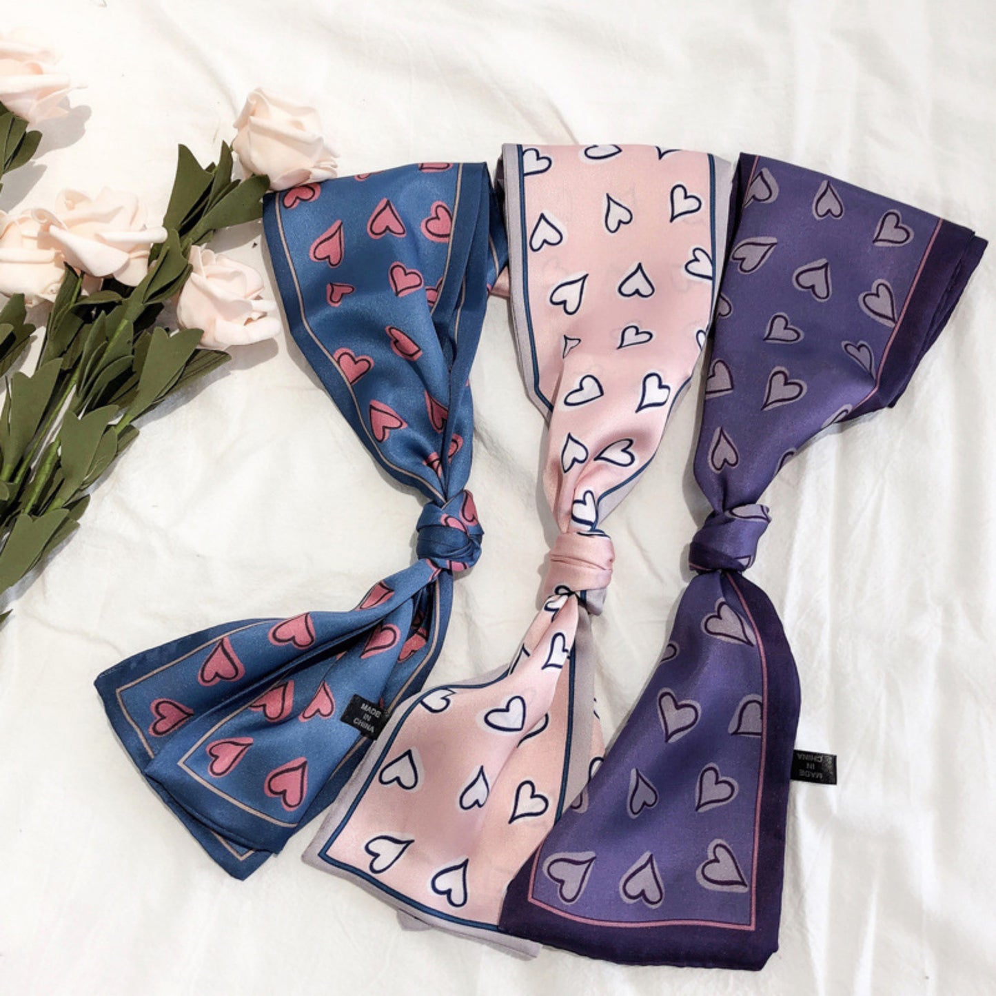 5 Pack Heart Print Satin Scarf Ribbon Slim Lightweight Fabric Neck Hair Bag Accessory 35.5x2.5in