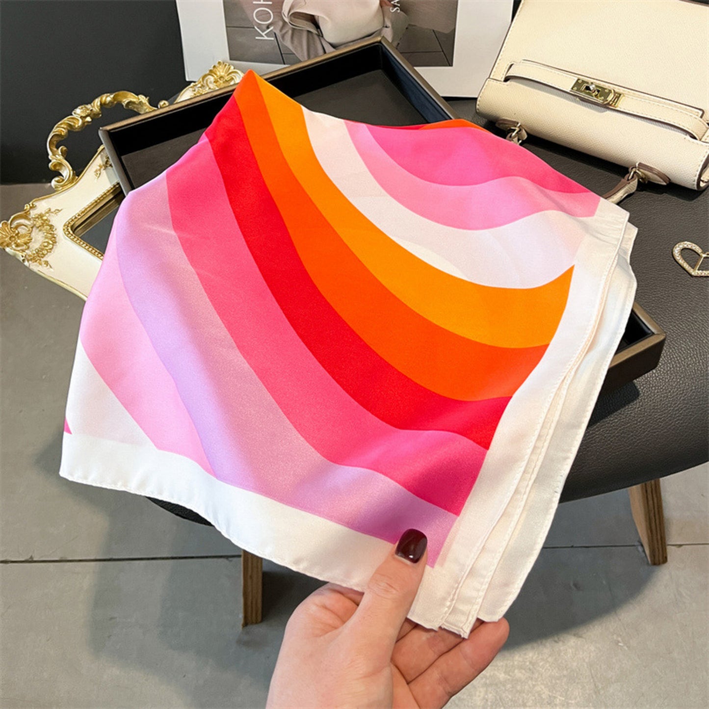 Heart Print Square Satin Scarf Smooth Lightweight Fabric Stylish Neck Hair Accessory 27.5x27.5in
