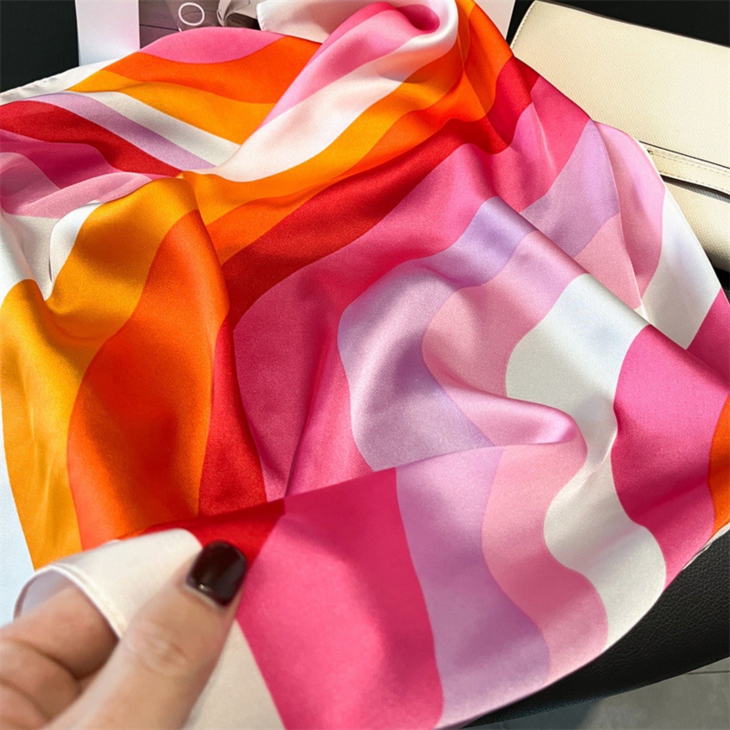 Heart Print Square Satin Scarf Smooth Lightweight Fabric Stylish Neck Hair Accessory 27.5x27.5in