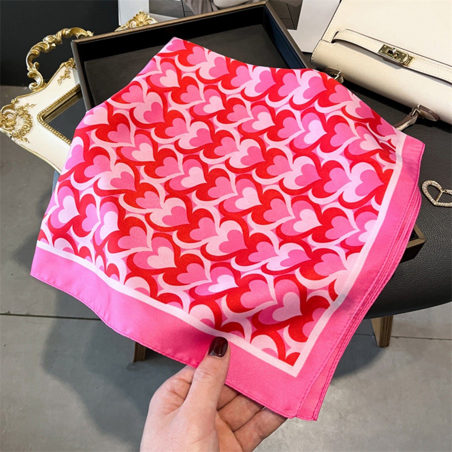 Heart Print Square Satin Scarf Smooth Lightweight Fabric Stylish Neck Hair Accessory 27.5x27.5in