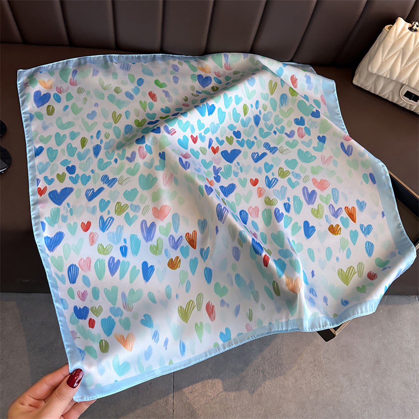 Satin Heart Print Square Scarf Lightweight Soft Fashion Accessory 27.5¡Á27.5inches