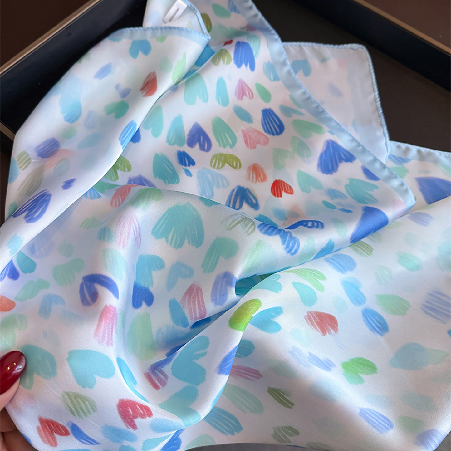 Satin Heart Print Square Scarf Lightweight Soft Fashion Accessory 27.5¡Á27.5inches