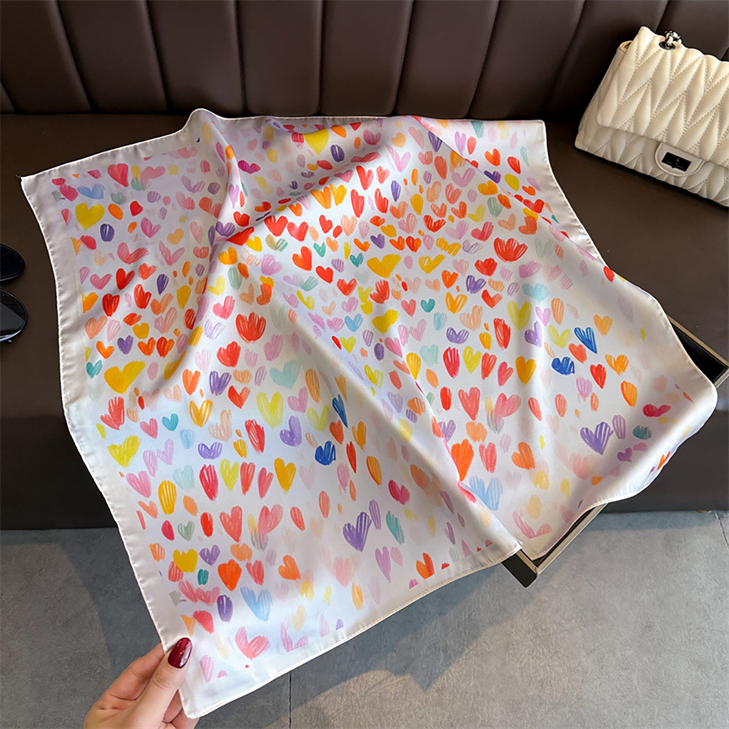 Satin Heart Print Square Scarf Lightweight Soft Fashion Accessory 27.5¡Á27.5inches