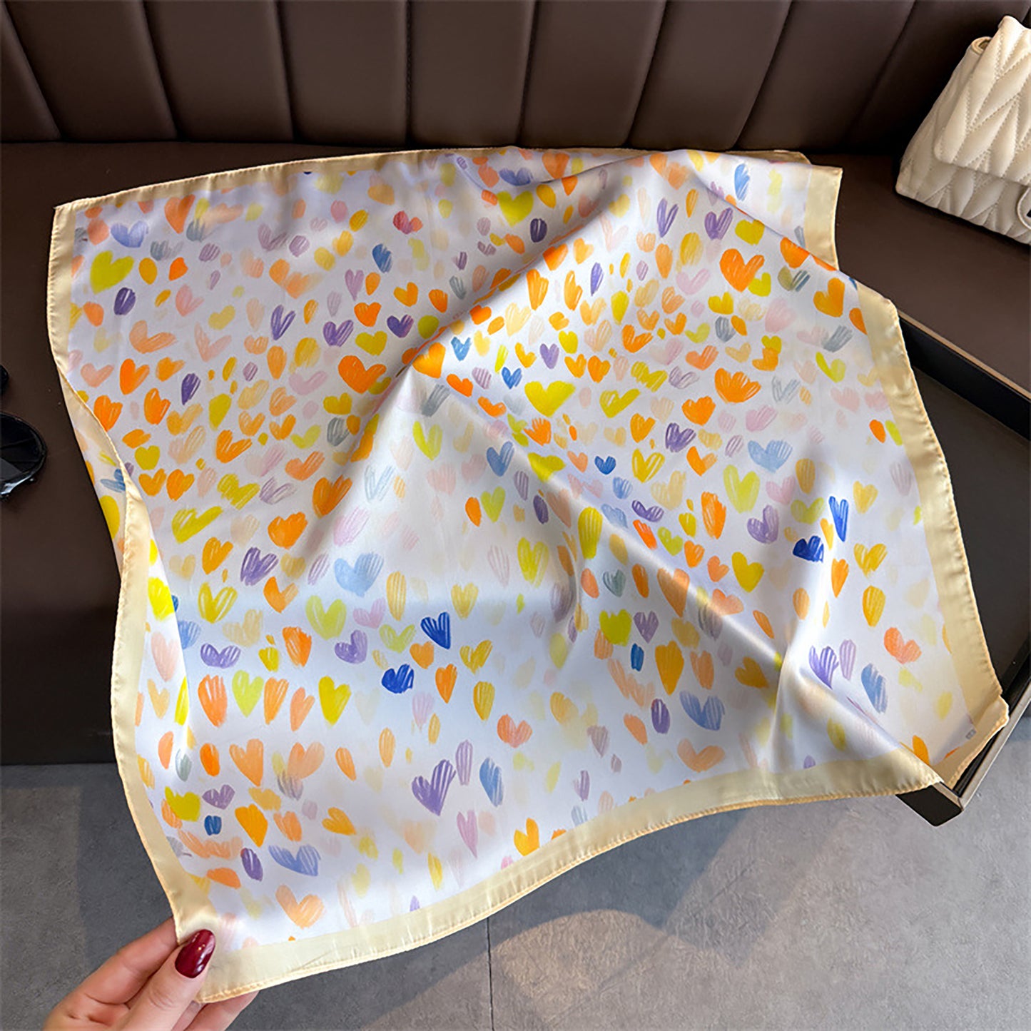 Satin Heart Print Square Scarf Lightweight Soft Fashion Accessory 27.5¡Á27.5inches