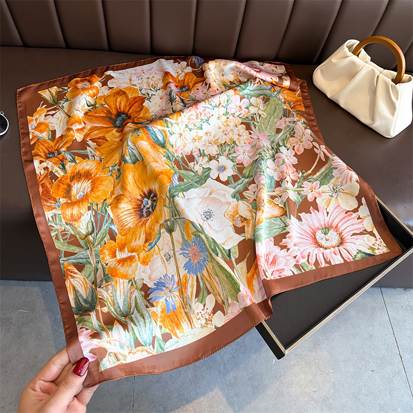 Satin Floral Print Square Scarf Fashion Accessory 27.5¡Á27.5inches