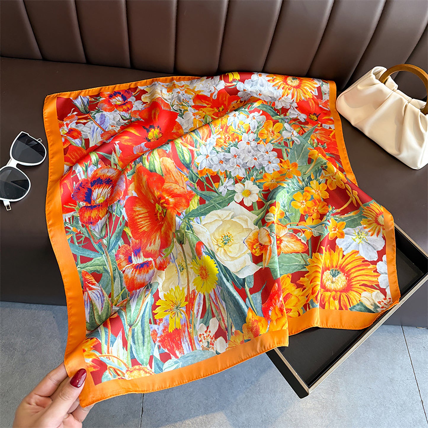Satin Floral Print Square Scarf Fashion Accessory 27.5¡Á27.5inches