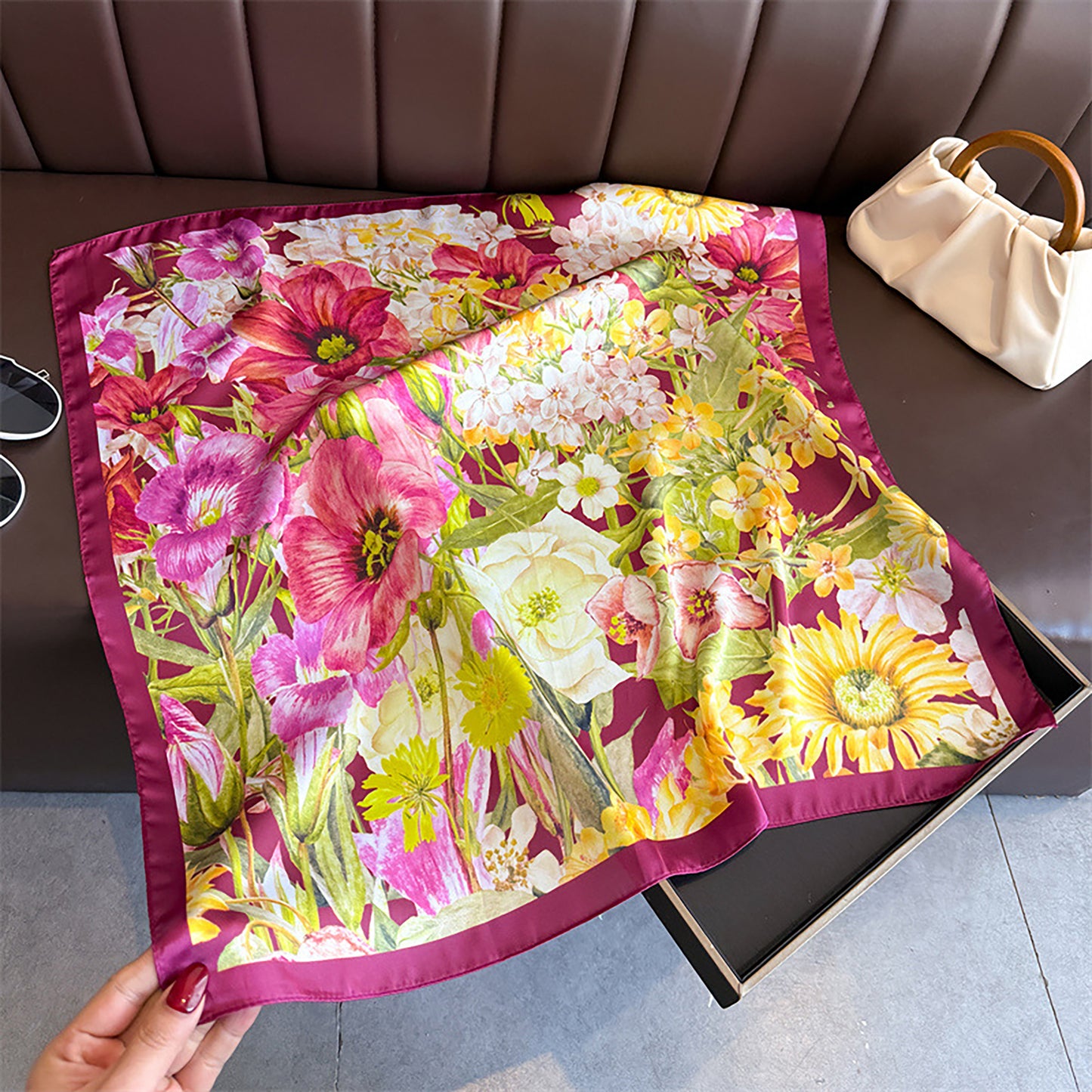 Satin Floral Print Square Scarf Fashion Accessory 27.5¡Á27.5inches